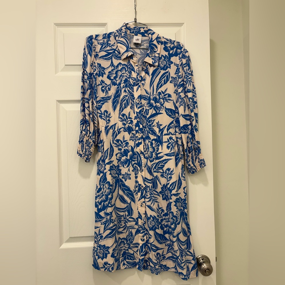 Cabi Floral Blue and Cream Button-Up Dress